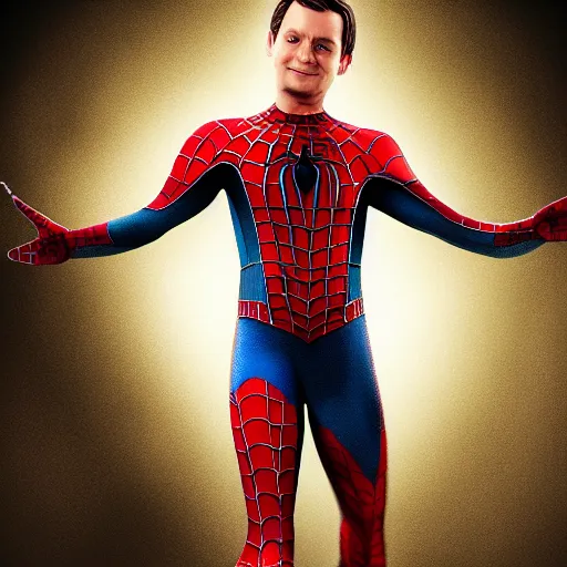 Image similar to hyper realistic Tobey Maguire wearing sam raimi Spider-Man costume 4K