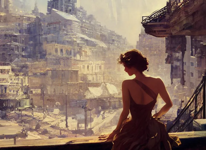 Prompt: painting of a beautiful woman with white flowing lace linen with a greek town in the background by yoji shinkawa frank frazetta, charlie bowater, magali villeneuve, j. c. leyendecker, ray - traced lighting, ultra realistic, detailed,