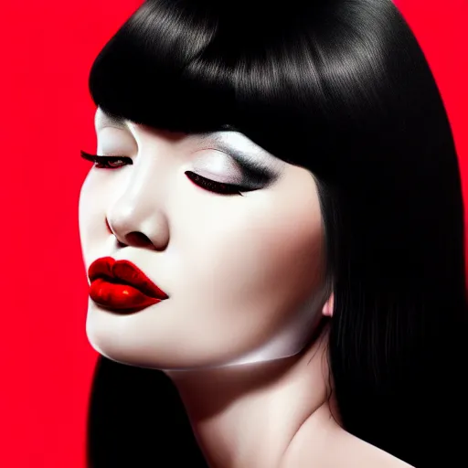 Image similar to photo of a woman with black hair and a red lipstick, a photorealistic painting by wang duo, beauty campaign, photoshoot, featured on cg society, photorealism, behance hd, ultrafine detail, high detail,