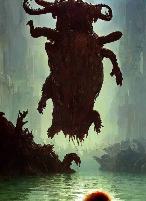 Prompt: huge towering alien brute beautiful demon emerging from lake on sunny day, splashing, partially submerged, water cascading, by sergey kolesov and lawrence alma tadema and norman rockwell and greg staples and craig mullins and john berkey and ruan jia, artstation creature art