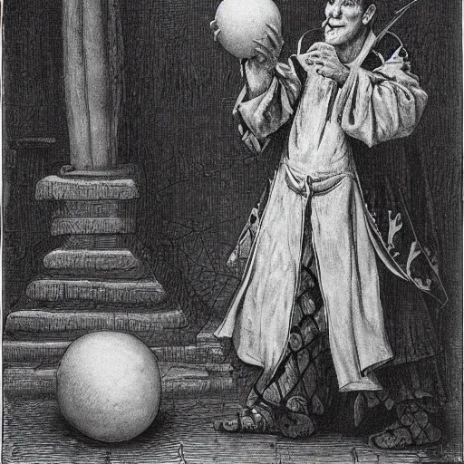 Image similar to a 1 3 th century, enigmatic, melancholic, jim carrey as a jester ( look like ( ( jim carrey ) ), is ( ( juggling balls ) ). light dust, magnificent, hyperdetailed, theatrical, painted by gustave dore