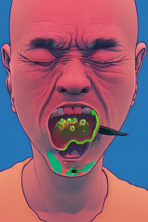 Prompt: a closeup portrait of a simple man licking a tab of LSD acid on his tongue and dreaming psychedelic hallucinations, by kawase hasui, moebius, Edward Hopper and James Gilleard, Zdzislaw Beksinski, Steven Outram colorful flat surreal design, hd, 8k, artstation