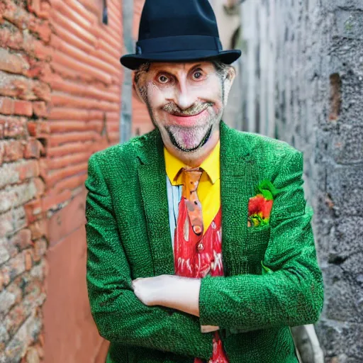 Image similar to Green man with a smug face and a fedora, wearing colorful outfit, uneven arms, in an alleyway, photo