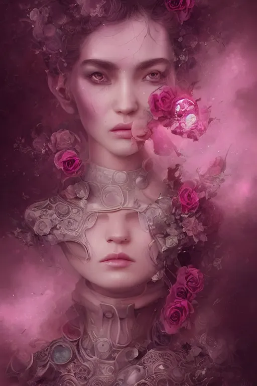 Prompt: pink rose divine woman divine space explorer cyborg floral highly detailed digital art SURREALIST , nekro art WLOOP ROSDRAWS Tom Bagshaw, Craig Mullins, cinematic lighting, symmetrical face, beautiful woman moody lighting, volumetric, ultra-realistic, cinematic atmosphere, Epic, photorealism presented in artstation hyperrealism, award winning artwork, artstation trend, high quality print, fine art with subtle redshift rendering