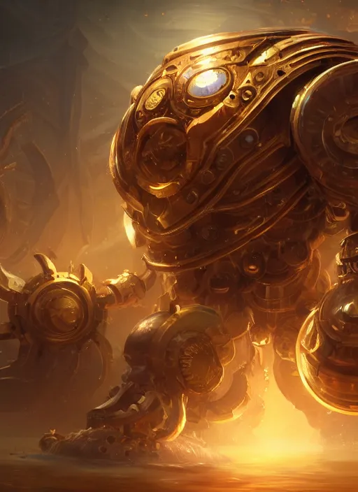 Image similar to a highly detailed illustration of gentle colossal golden mechanical gear giant, with cute doting eyes, intricate, elegant, highly detailed, centered, digital painting, artstation, concept art, smooth, sharp focus, league of legends concept art, wlop.