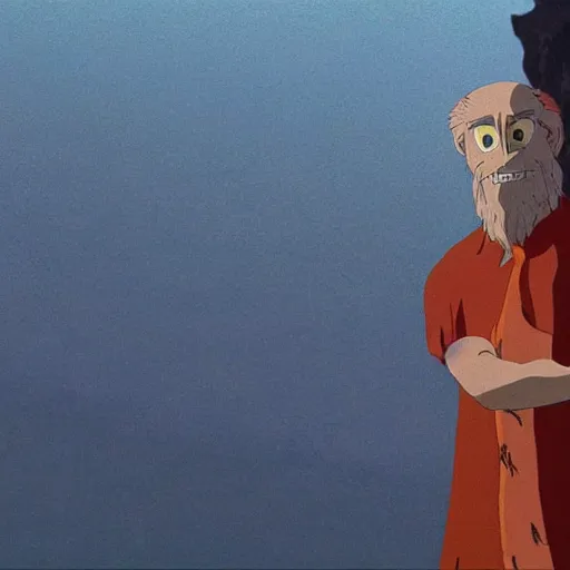 Prompt: a still of willem dafoe in spirited away, clean composition, beautiful background