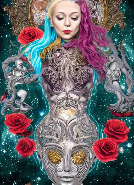 Image similar to blonde girl in a cosmic dress, full-body tattoos, ornate, rococo, grotesque, zbrush art, majestic, organics, silver filigree, colorful, dark fantasy, celtic knot, anatomical, HR, giger style, moebius, frank frazetta, ornate, art nouveau, symmetrical, turquoise jewelry, red smoke, roses, unbiased render, rotten, Emil melmoth, eerie, macabre, haunting,detailed and intricate, floral, faded pink, hypermaximalist, elegant, vintage, hyper realistic, super detailed, pastel colors, 8K, octane render, 8k,