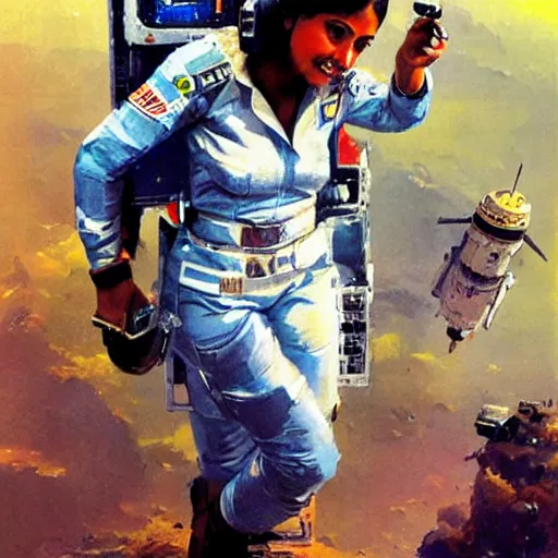 Prompt: a female space cadet from india, resting after a hard mission, happily tired, sci fi character portrait by John Berkey