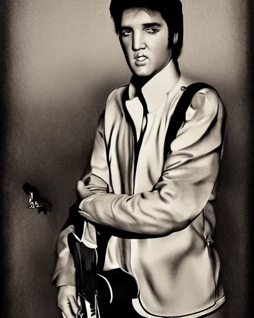 Prompt: elvis presley portrait in the style of the dutch masters and gregory crewdson, dark and moody