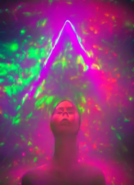Image similar to female ascending, psychedelic third eye, radiant glowing aura, minimal, motion blur, film grain, cinematic lighting, experimental film, shot on 1 6 mm, luminol light
