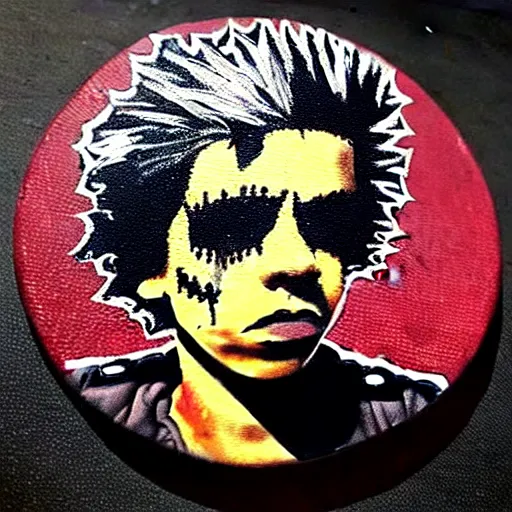 Image similar to painting on a badge!!!!, punks not dead!!!!, exploited!!, clash, junk yard, rats!!, god save the queen!!!, punk rock album cover art style!!, grunge!!, no future!!!!, glitch effect