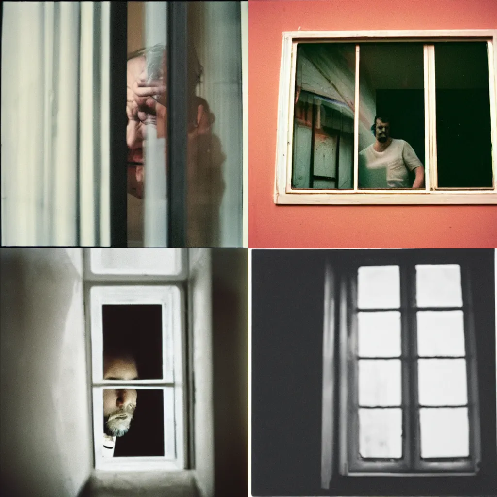 Prompt: a frightened man peeks through a window, kodak ectar 100 film