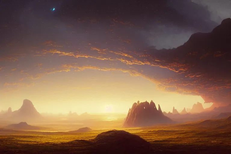 Prompt: a beautiful oil painting of serene alien landscape under the horizon line in the upper third by john howe and albert bierstadt and alena aenami and dan mumford and dave noton, unreal engine, trending on behance
