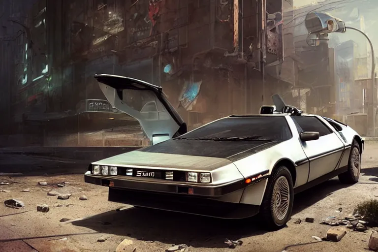 Prompt: highly detailed photorealistic rendering of a delorean parked on the streets of a cyberpunk abandoned city, driver side gullwing door is open, futuristic post - apocalyptic vibe, by greg rutkowski and stanley artgerm and alphonse mucha, octane, sharp focus, hyperrealistic, unreal engine 5, vray, masterpiece