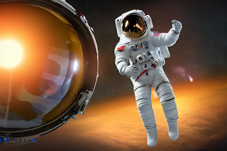 Image similar to astronaut in space wearing a spacesuit floating, earth in background, highly detailed, photorealistic, full body, bright studio setting, studio lighting, crisp quality and light reflections, unreal engine 5 quality render