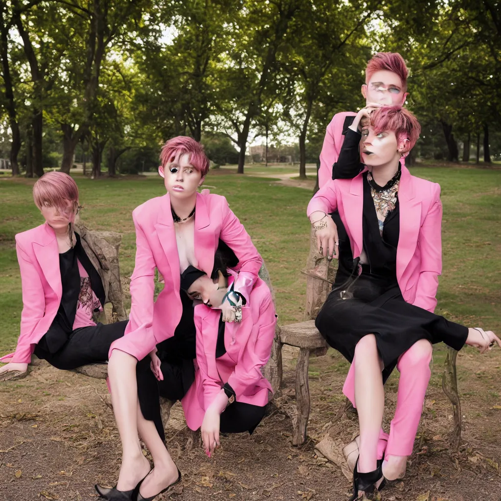 Prompt: A dramatic Close-Up portrait of a stylish girl with short pink hair (looks like Miley Cyrus), wearing a blazer, sitting in park at sunrise. Portrait Alex Turnheart, Zee Day, and Sarah Finegold. Studio photography. 3-Point Lighting. Retouched. 4K HD Wallpaper. Premium Prints Available.