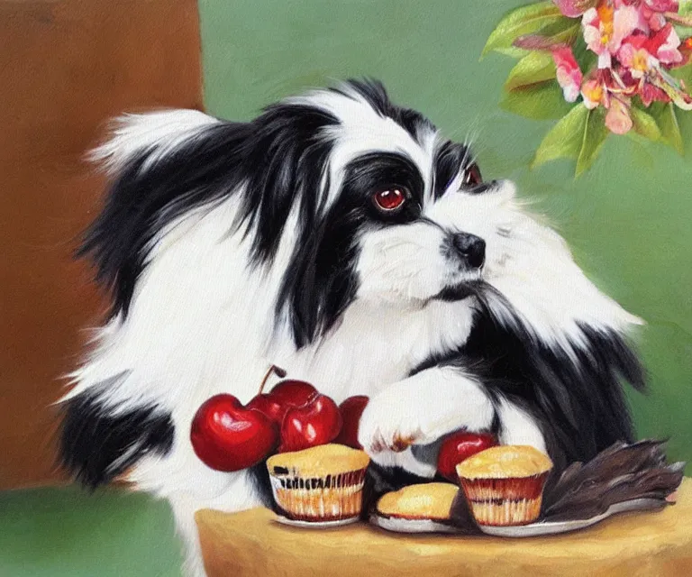 Image similar to white and black japanese chin dog eating cherry muffins, oil painting