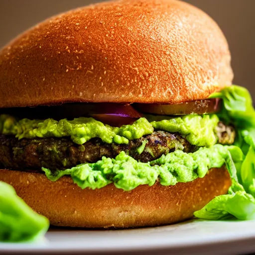 Image similar to juicy vegan hamburger topped with guacamole, fried onion and a vegan fried egg, crispy buns, 8 k resolution, professional food photography, studio lighting, sharp focus, hyper - detailed