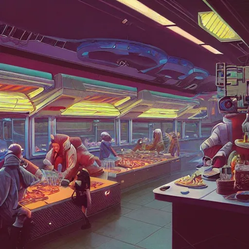 Image similar to food court at a crowded space station, michael whelan, cyberpunk, retrofuture, illustration