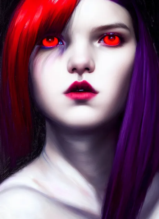 Image similar to portrait of teenage girl, red irises, red eyes, black hair, white bangs, purple lipstick, white bangs, bangs, black hair and white bangs, intricate, elegant, glowing lights, highly detailed, digital painting, artstation, concept art, smooth, sharp focus, illustration, art by wlop, mars ravelo and greg rutkowski