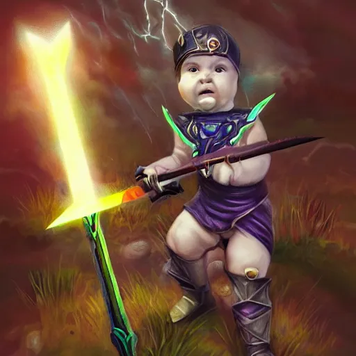 Image similar to a baby warrior holding the necro sword, lightning