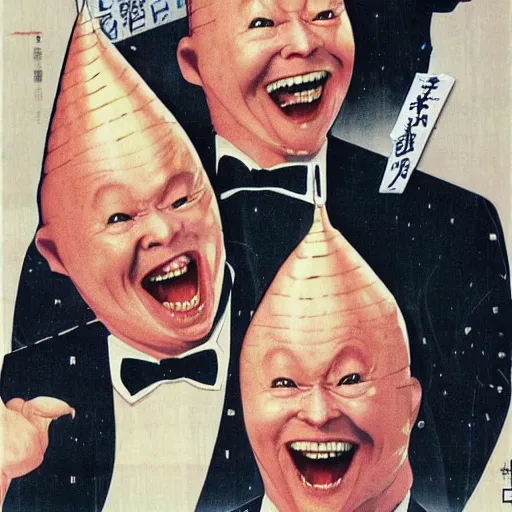 Image similar to coneheads, japanese vhs cover art, detailed facial expressions h - 1 0 2 4 w - 5 1 2