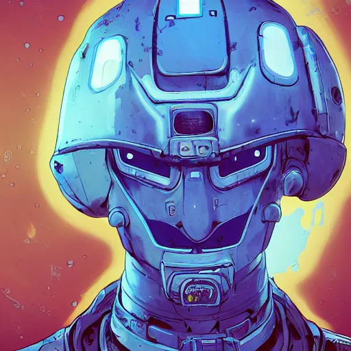 Image similar to cell shaded portrait of a cybernetic blue bald soldier with glowing blue eyes as Borderlands 3 concept art, llustration, post grunge, concept art by josan gonzales and wlop, by james jean, Victo ngai, David Rubín, Mike Mignola, Laurie Greasley, highly detailed, sharp focus,alien,Trending on Artstation, HQ, deviantart, art by artgem