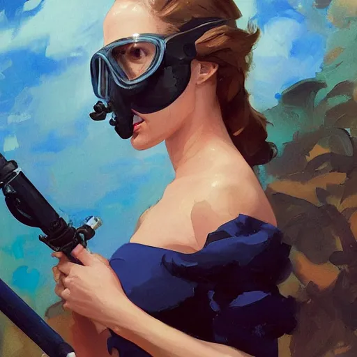 Image similar to a portrait of natalie portman in a scuba dive mask and a snorkel, greg manchess painting by sargent and leyendecker, studio ghibli, fantasy, medium shot, asymmetrical, intricate, elegant, matte painting, illustration, hearthstone, by greg rutkowski, by greg tocchini, by james gilleard, by joe fenton