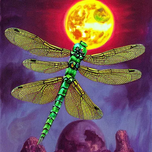 Image similar to the dragonflies rule over the earth, a detailed painting, horror