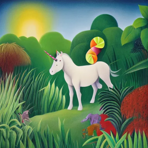 Image similar to A unicorn walking over a rainbow in the jungle by Henri Rousseau, trending on artstation