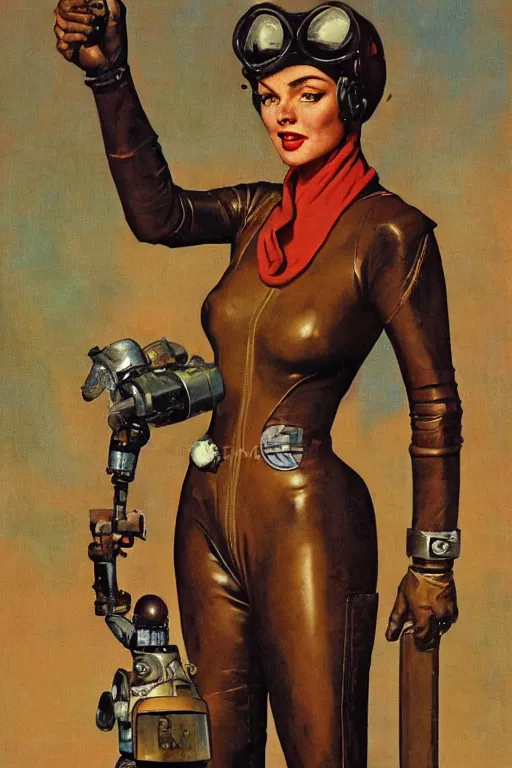 Image similar to 5 0 s pulp scifi fantasy illustration full body portrait slim woman in leather spacesuit on rocky mars, by norman rockwell, roberto ferri, daniel gerhartz, edd cartier, jack kirby, howard v brown, ruan jia, tom lovell, frank r paul, jacob collins, dean cornwell, astounding stories, amazing, fantasy, other worlds