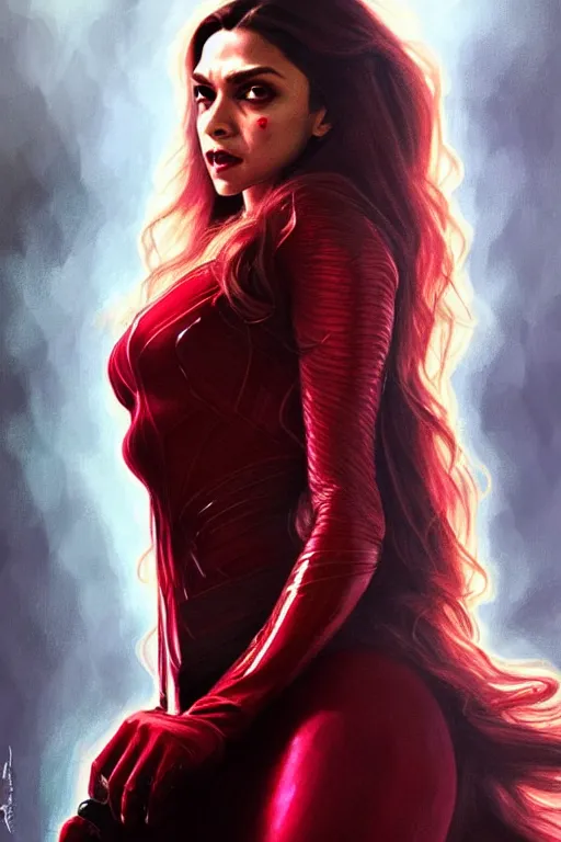 Prompt: Deepika Padukone as Scarlet Witch, Scarlet Witch costume, Deepika Padukone Face, villany, portrait, masculine figure, highly detailed, digital painting, artstation, concept art, smooth, sharp focus, illustration, cinematic lighting, art by artgerm and greg rutkowski and alphonse mucha