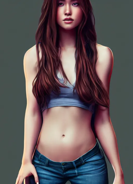 Image similar to full body portrait of a beautiful young woman, photorealistic, hair down to waist, in the style of Kevin Kostic, Stephen Lau and artgerm, hyper sharp focus, 8k highly detailed