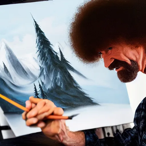 Prompt: a closeup photorealistic photograph of bob ross working on a canvas painting of batman. film still. brightly lit scene. mountains and trees. this 4 k hd image is trending on artstation, featured on behance, well - rendered, extra crisp, features intricate detail, epic composition and the style of unreal engine.