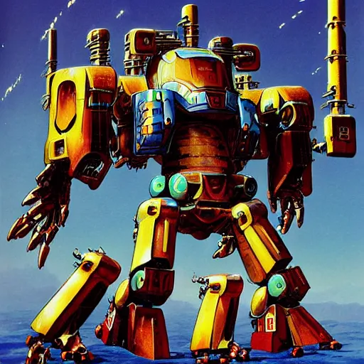 Image similar to humanoid combat mecha by chris foss, rodger dean, moebius, michael whelan