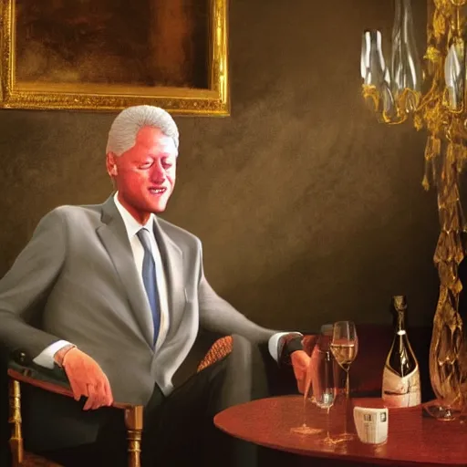 Prompt: bill clinton hanging out in the champagne room, photorealistic, high detail, dimly lit,