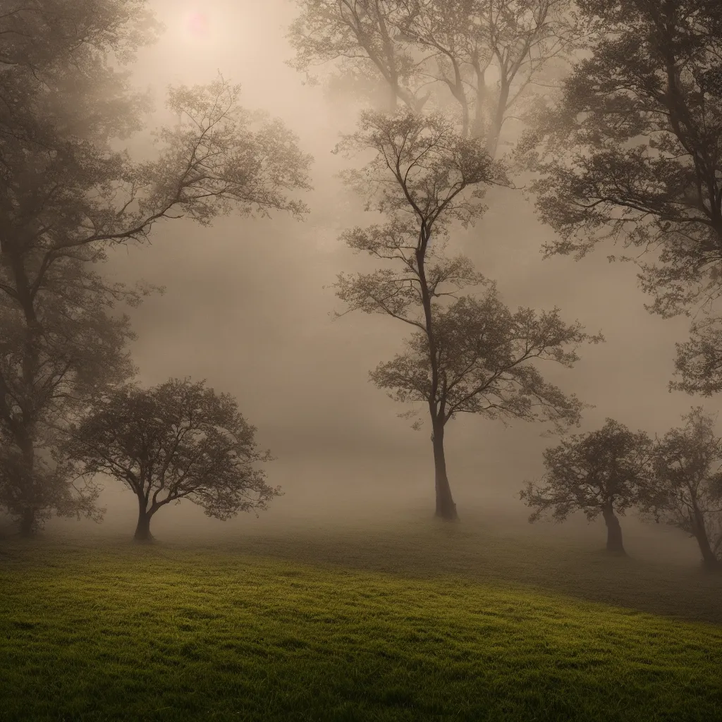 Image similar to A tree growing on a meadow partially covered with morning fog, with leaves divided in four seasons of the year, with tree hollow, with rope ladder, cinematic lighting, photo realistic image, 4K, super detailed, cinematic look