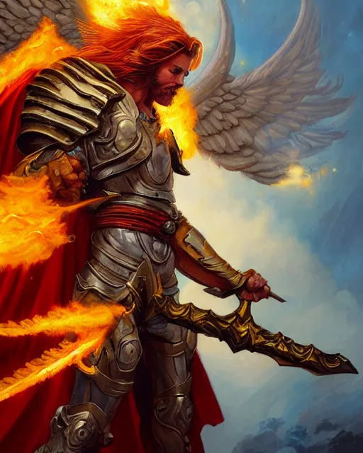 Prompt: character portrait of a brawny male angel of justice, with fiery golden wings of flame, wearing shining armor, wielding flaming sword and shield, by peter mohrbacher, mark brooks, jim burns, wadim kashin, greg rutkowski, larry elmore, trending on artstation