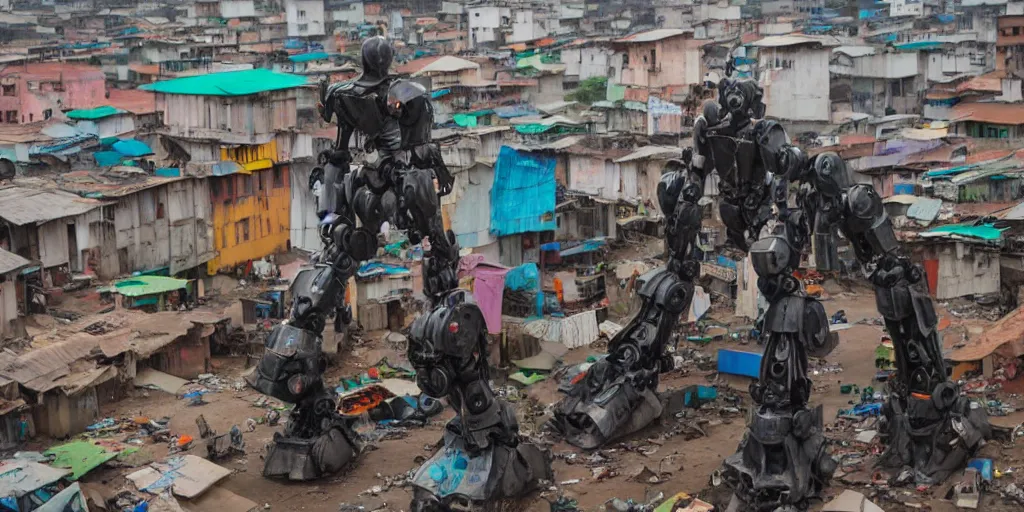 Image similar to giant mecha ROBOT of AJEGUNLE SLUMS of Lagos, writings and markings on robot,