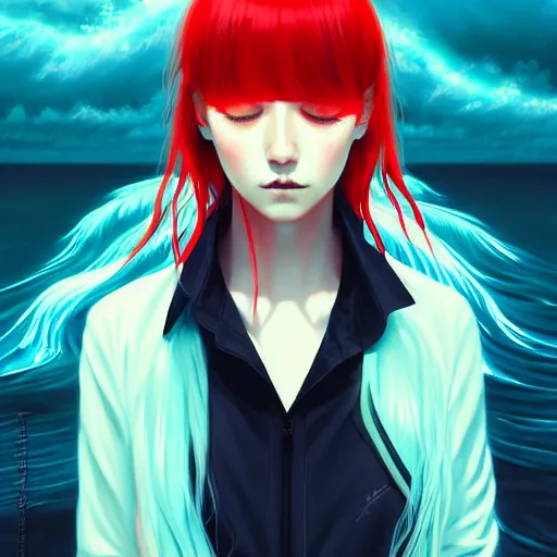 Image similar to red water swirling around rimuru tempest crying, enveloped in ghosts, sky blue straight hair, bangs, with amber eyes, black jacket, high collar, ultra fine detaile, dark theme, digital painting, psychedelic, cinematic, wlop, pixiv, ilya kuvshinov, ross tran