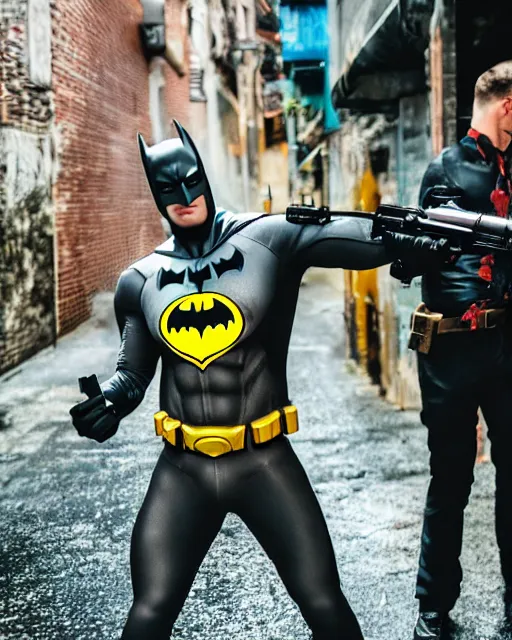 Image similar to happy batman firing super soaker water gun in an alleyway, everyone having fun, toy product advertisement, photography