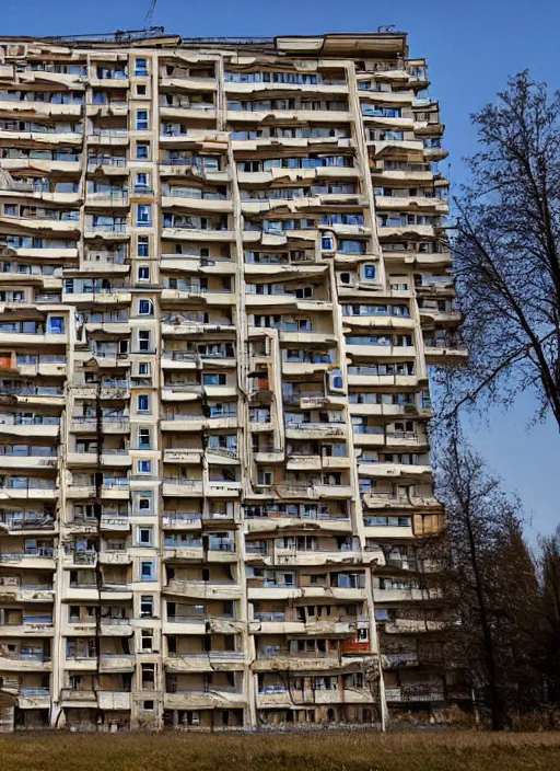 Prompt: small soviet apartment building stands at russian suburbs