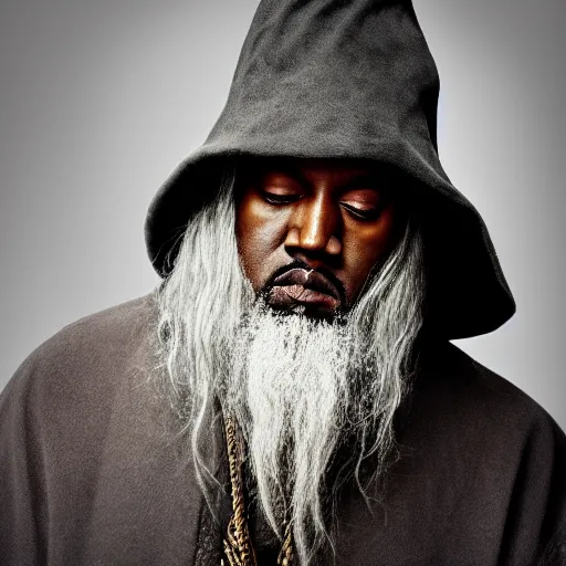 Prompt: Kanye as Gandalf from the lord of the rings, realism, photo realistic, high quality, misty, hazy, ambient lighting, cinematic lighting, studio quality