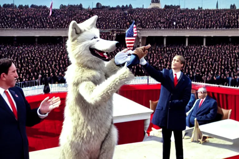 Image similar to photo of the usa presidential inauguration, a wolf fursuiter being inaugurated as president