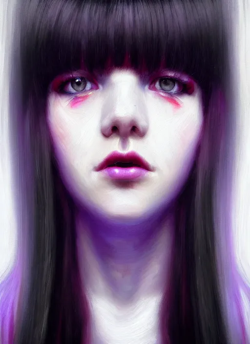 Image similar to portrait of teenage girl, red irises, bangs, black and white hair, white bangs, purple clothes, white bangs, two color hair, black hair and white bangs, intricate, elegant, glowing lights, highly detailed, digital painting, artstation, concept art, smooth, sharp focus, illustration, art by wlop, mars ravelo and greg rutkowski