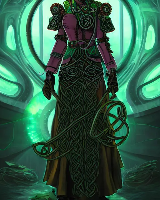 Image similar to celtic scifi druid of the highlands, wearing a lovely dress with cyberpunk details. this oil painting by the award - winning mangaka has an interesting color scheme and impeccable lighting.