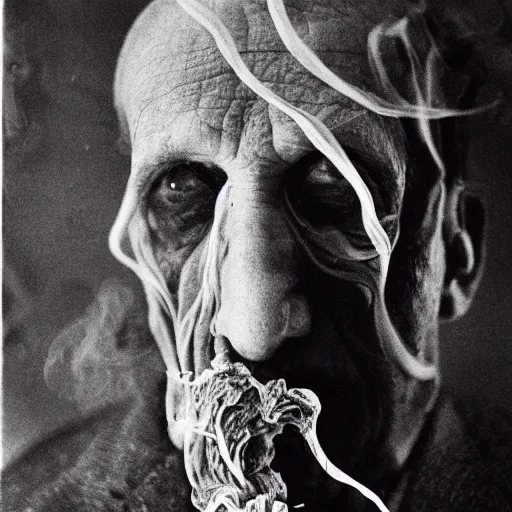 Prompt: photographic portrait of wrinkly sad max ernst dried melting floral fungus with spiraling cigarette smoke, in fog, medium long shot