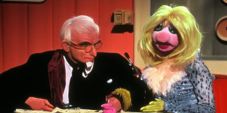 Image similar to Photoreal Cinematography of a photorealistic muppet version of Debbie Harry hosting The Muppet show with actor Steve Martin