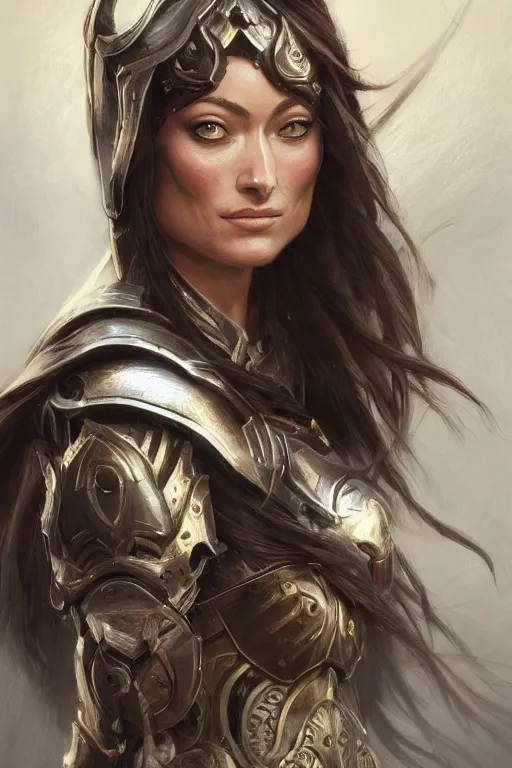 Image similar to a finely detailed portrait of Olivia Wilde, clothed in battle armor, olive skin, long dark hair, beautiful bone structure, symmetrical facial features, intricate, elegant, digital painting, trending on Artstation, concept art, smooth, sharp focus, illustration, from World of Warcraft, by Ruan Jia and Mandy Jurgens and Artgerm and william-adolphe bouguerea, award winning