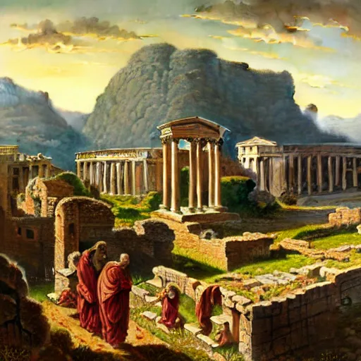 Prompt: highly detailed painting of an idyllic ancient roman city landscape, dramatic, sense of scale, stephen bliss, unreal engine, greg rutkowski, ilya kuvshinov, ross draws, hyung tae and frank frazetta, tom bagshaw, tom whalen, nicoletta ceccoli, mark ryden, earl norem, global illumination, god rays, beautiful